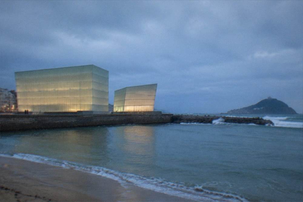 The Urumea river and Kursaal bridge under soft rain clouds in San Sebastián