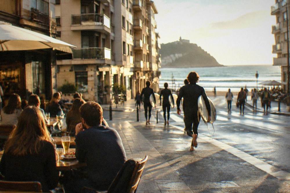 People sitting at outdoor tables on a sunny street corner in Gros with pintxo bars behind them
