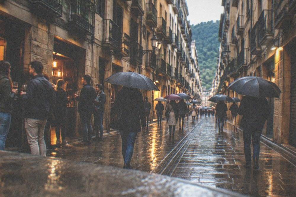 People with umbrellas walking past closed bar fronts on a wet evening street