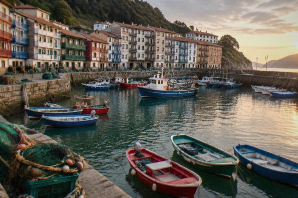 Fishing boats moored in the small harbour with apartment buildings rising behind