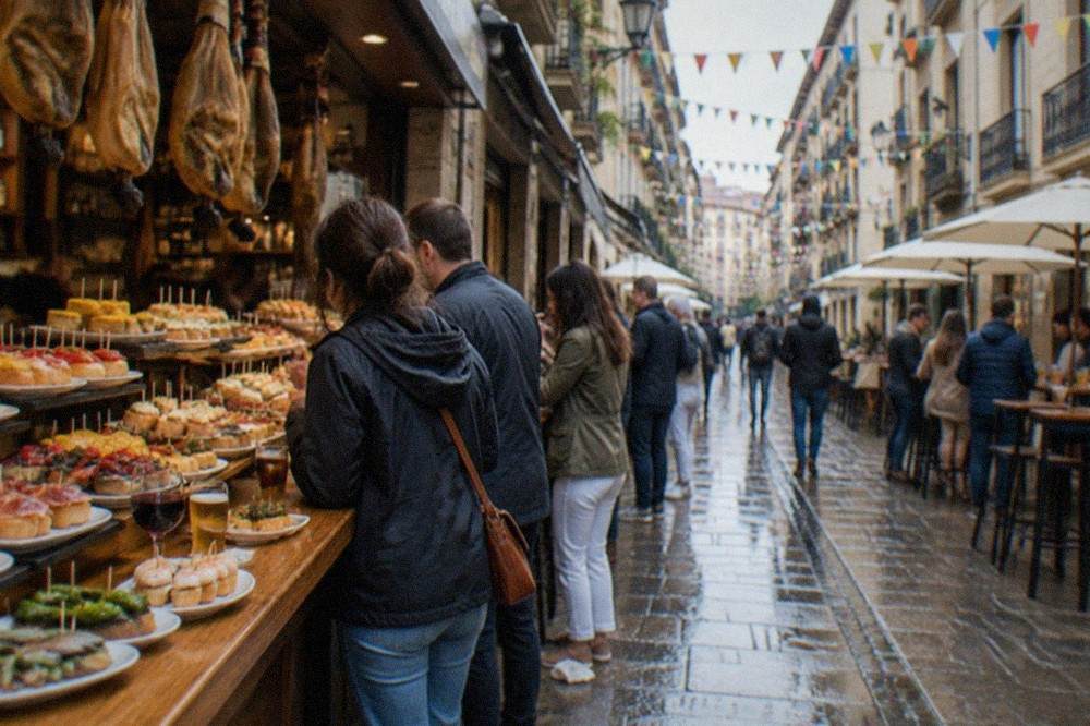 Narrow Old Town street in San Sebastián with pintxo bars and bunting above the pavement tables