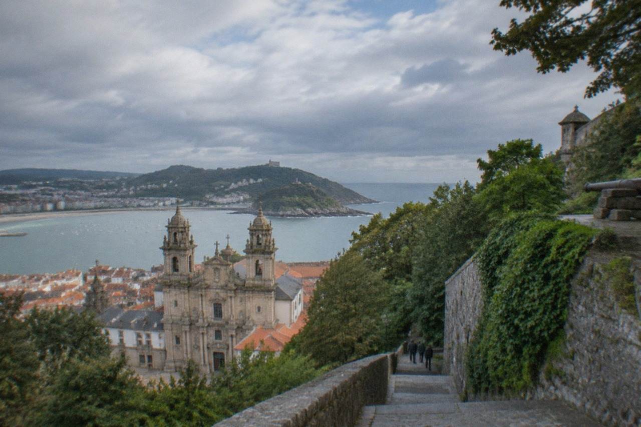 Baroque stone facade of the Basilica of Santa Maria del Coro at the foot of Monte Urgull in San Sebastián