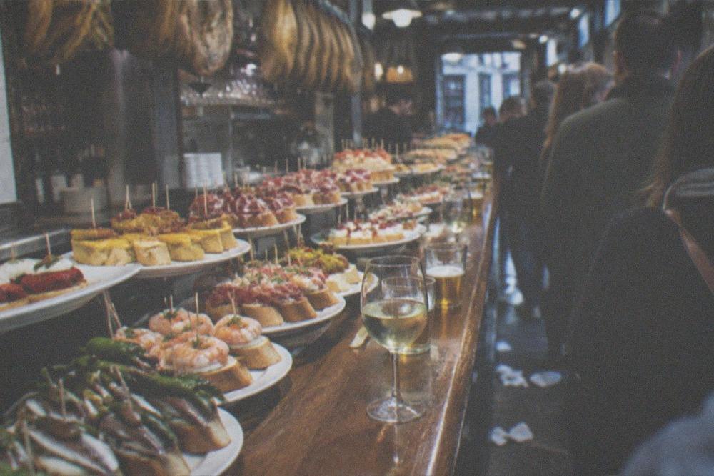 Pintxo bars with counters of small bites in the Old Town streets of San Sebastián