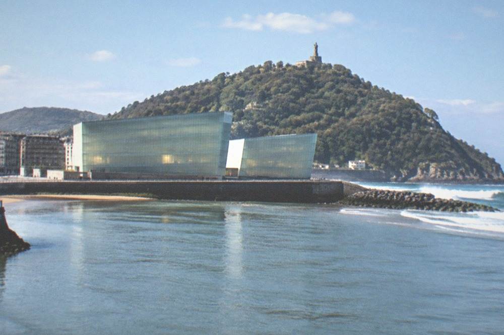 The Kursaal seen from across the Urumea river mouth with Monte Urgull rising behind