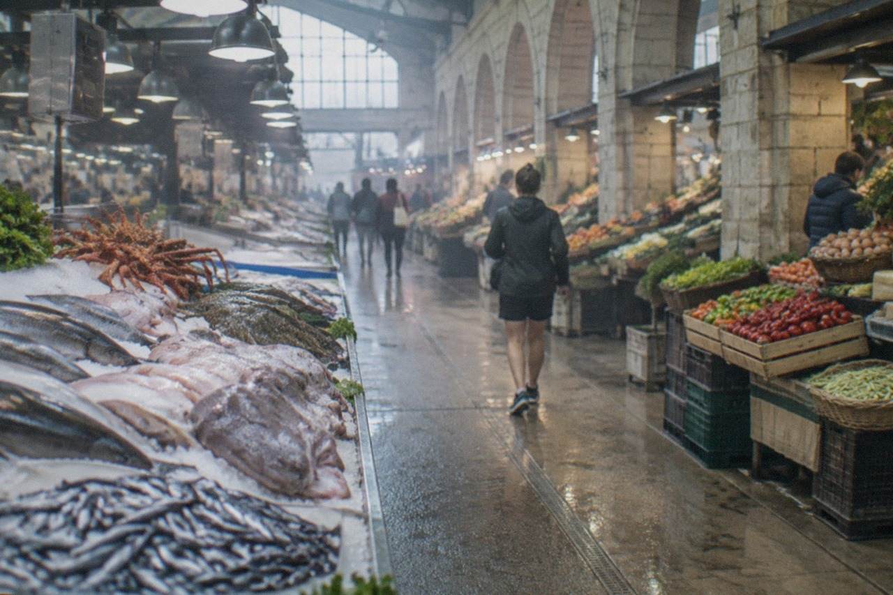 Market stalls with fresh produce under a roof in a Basque city food hall
