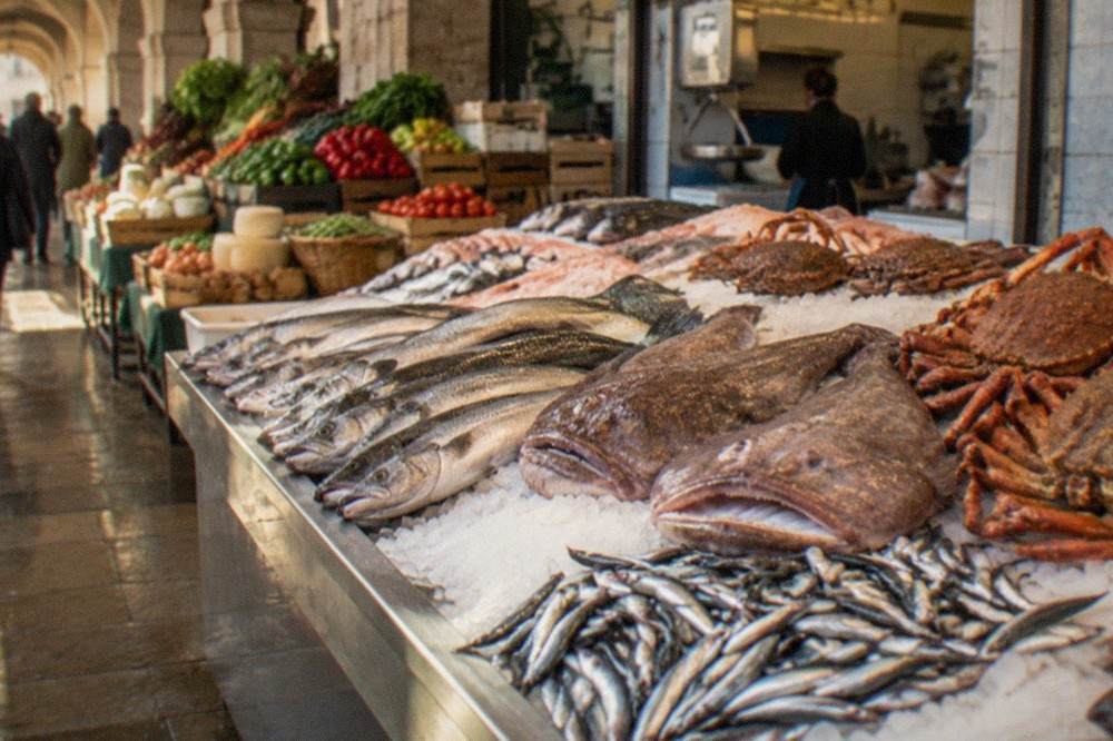 A fish stall with the day's catch laid out on ice at a Basque market