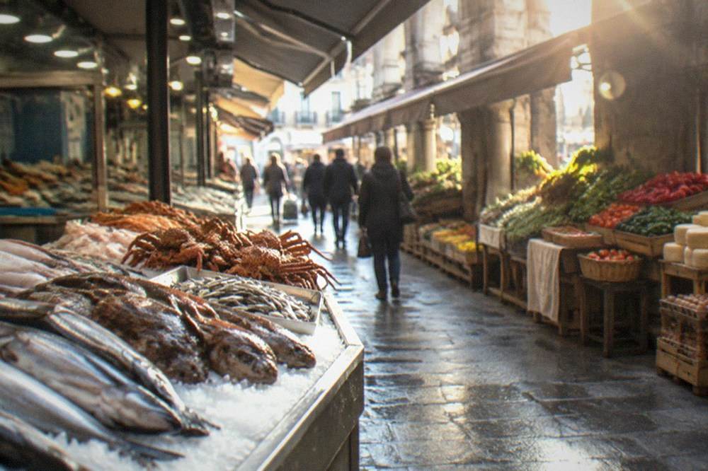 A covered shopping street with awnings near the old town of a Basque city