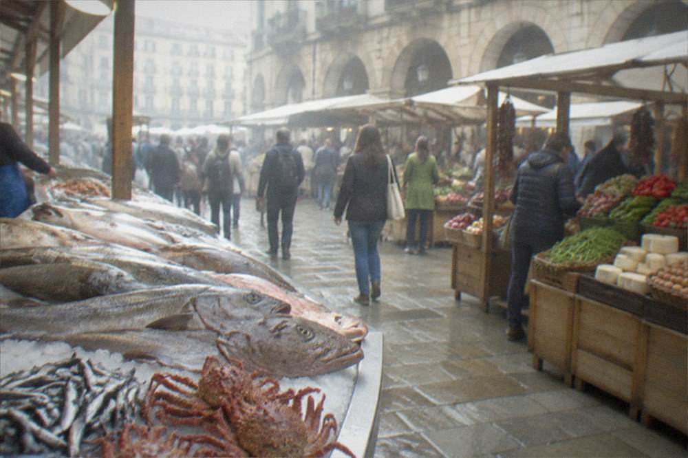 An outdoor street fair with wooden stalls and crowds in a Basque city square