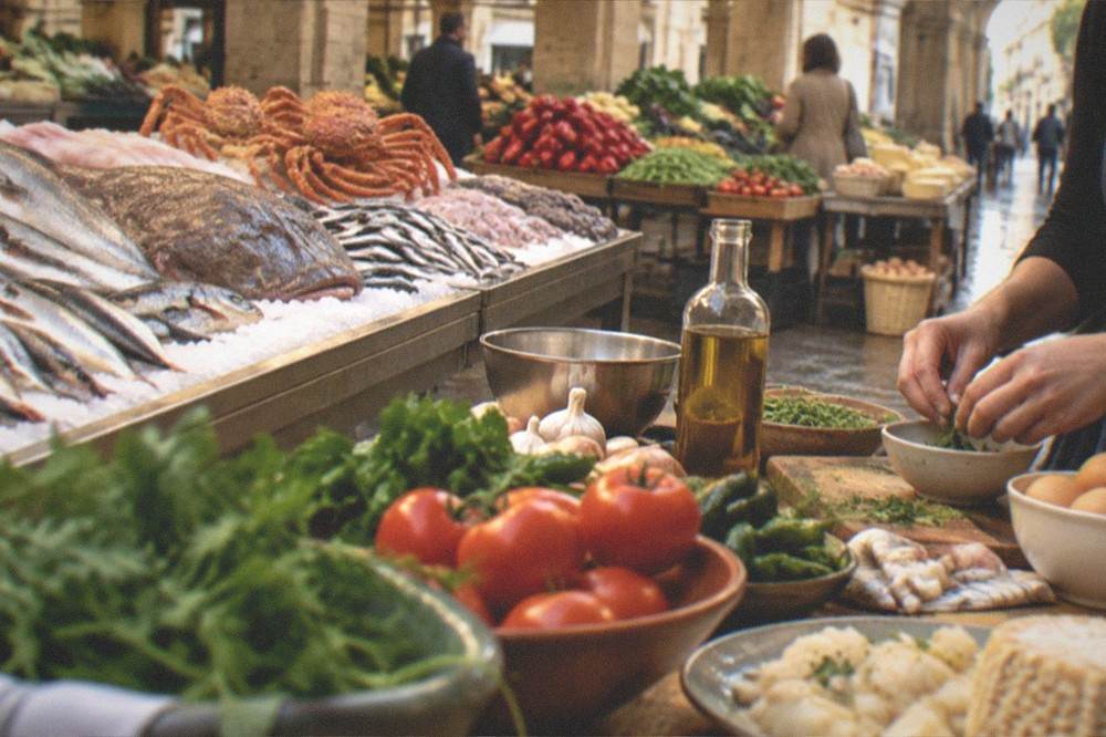 A cooking class table with fresh ingredients and hands preparing food