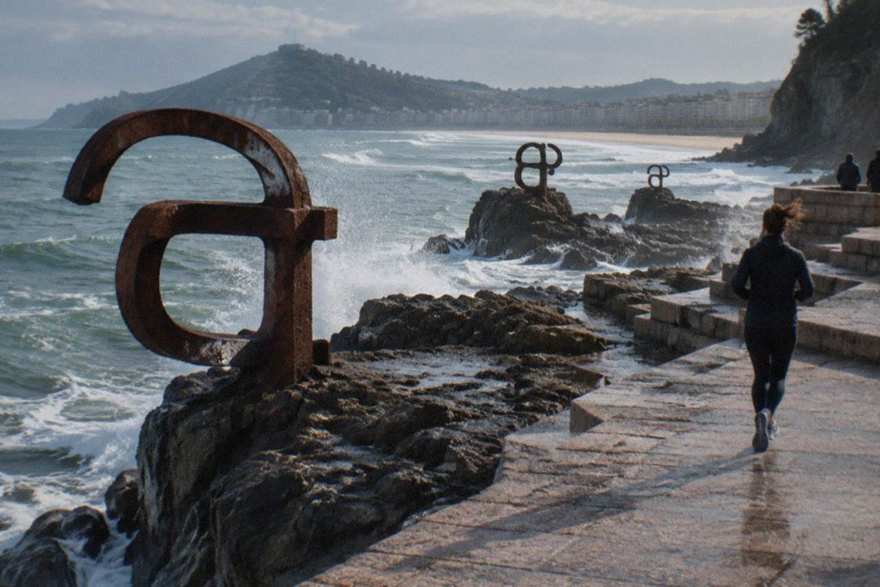 Three curved steel sculptures standing on wave-washed rocks at the edge of the sea, with a long sandy beach curving away behind them