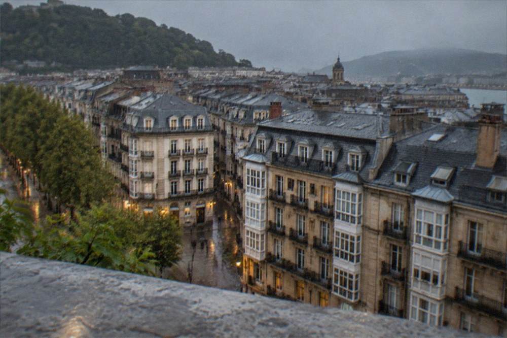 Evening light over the rooftops of the Old Town of San Sebastián seen from above