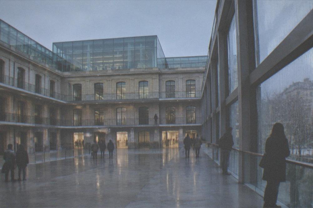 Rain streaking the windows of a modern cultural centre while visitors look at exhibits inside