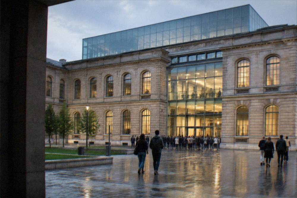 Evening light on a modern cultural building with people gathered at its entrance