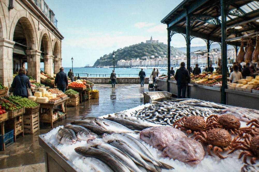 A covered market hall in a French Basque coastal town, with stalls of cheese, ham and produce under an iron roof