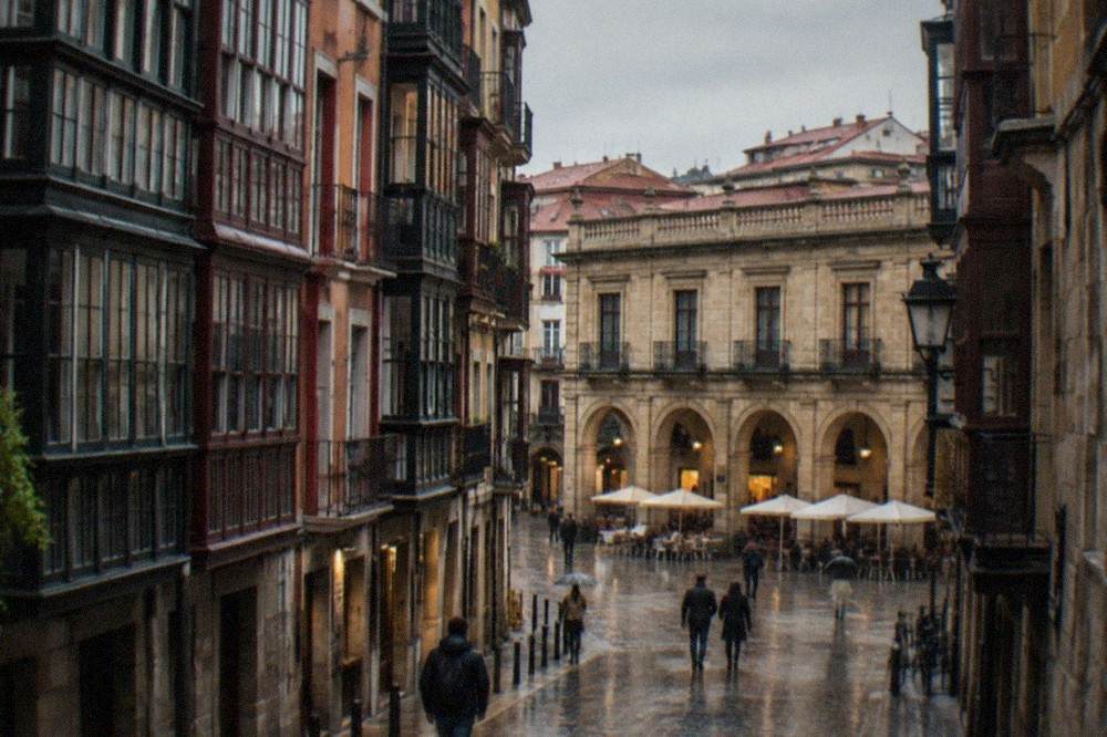 Narrow streets and old buildings in the Casco Viejo old quarter of Bilbao