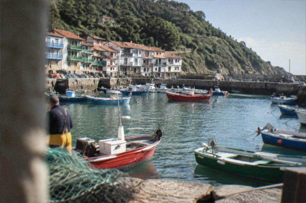 A fishing boat harbour with green hills behind at a Basque coastal town