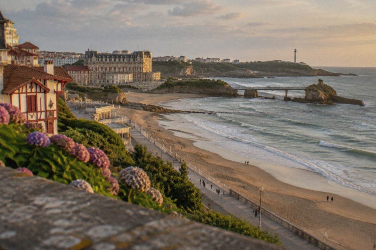 The sandy beach and promenade of Biarritz seen from above, with the Atlantic Ocean stretching to the horizon