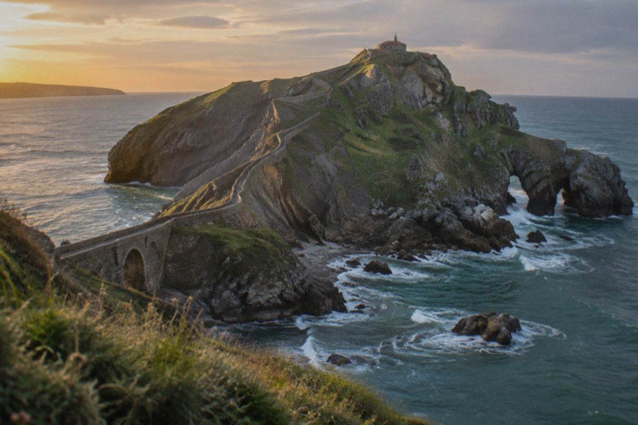 A stone hermitage on a rocky islet off the green Basque coast, connected to land by a narrow bridge and a stepped path