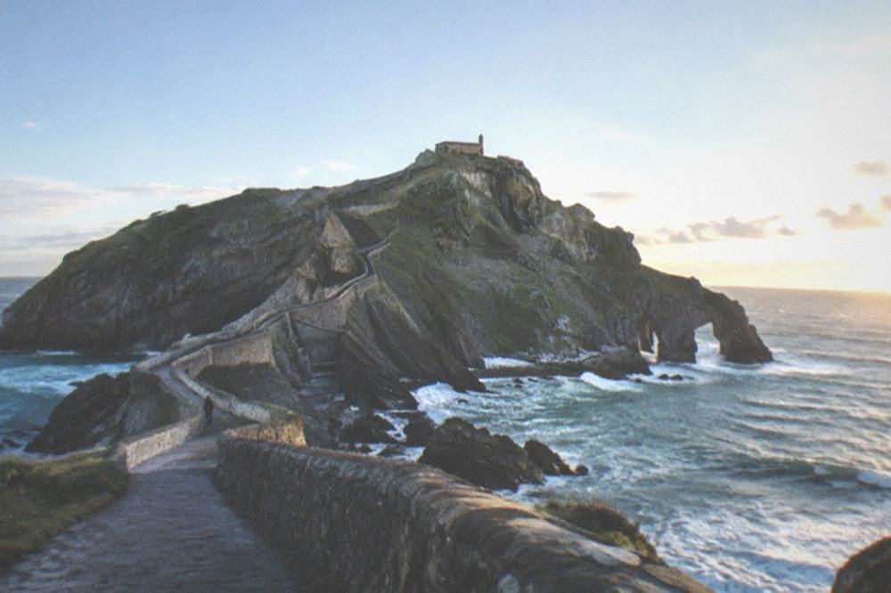 The stone causeway and long stairway leading up to the Gaztelugatxe hermitage on its rocky islet