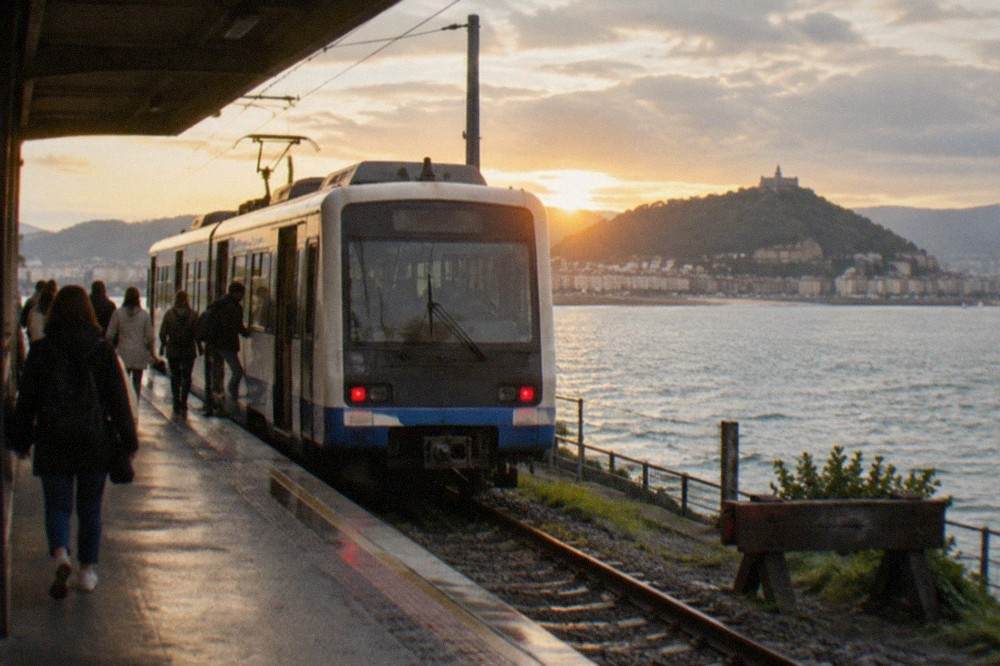 A single-car Euskotren Topo train at a small Basque coastal station