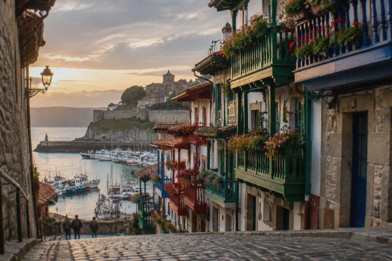 Colourful wooden balconies of the Marina quarter in Hondarribia above the fishing port