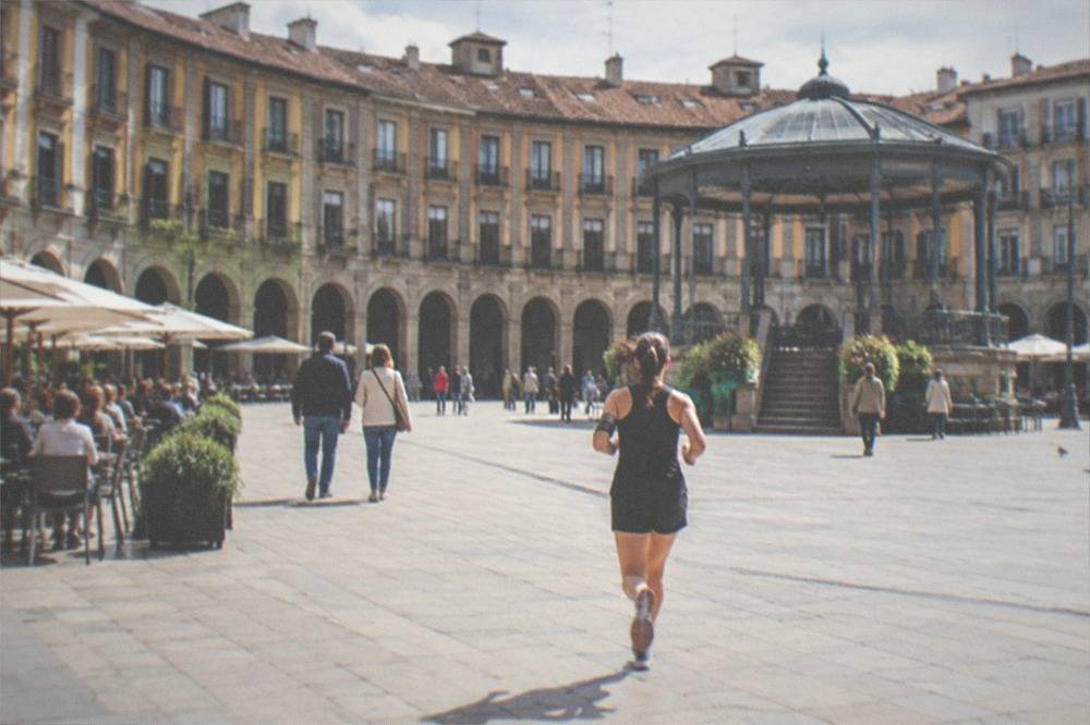 A wide arcaded square in Pamplona with cafe terraces and people strolling