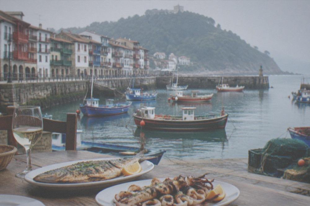Plates of grilled fish and squid on a wooden table in a harbour-front restaurant