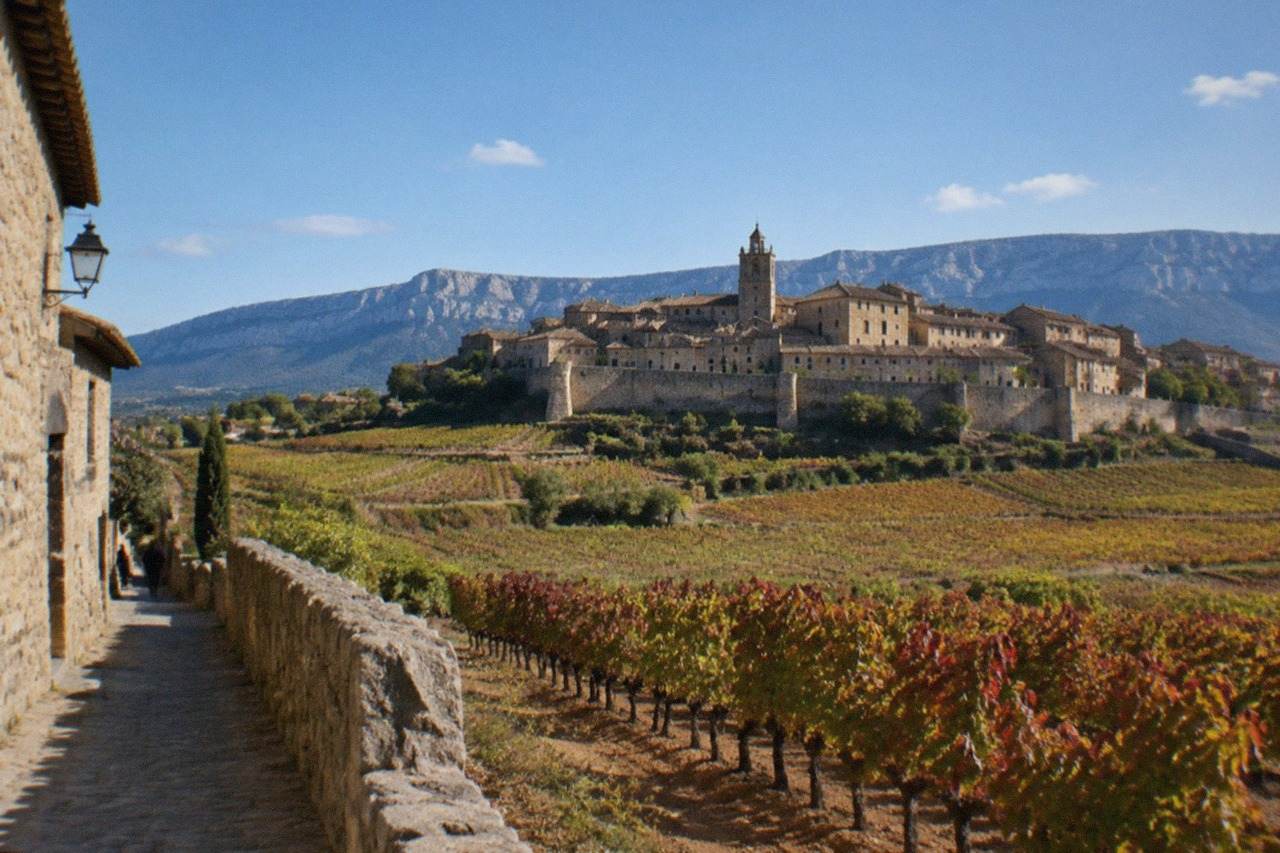 Walled hilltop town of Laguardia above Rioja vineyards in northern Spain