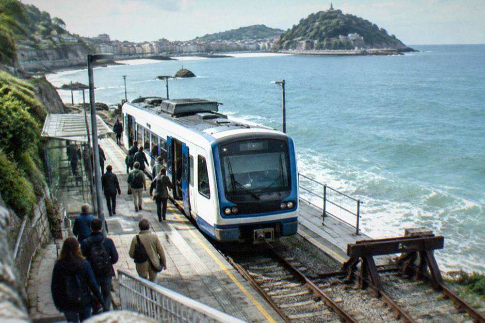 A single-car Euskotren Topo train at a small Basque coastal station