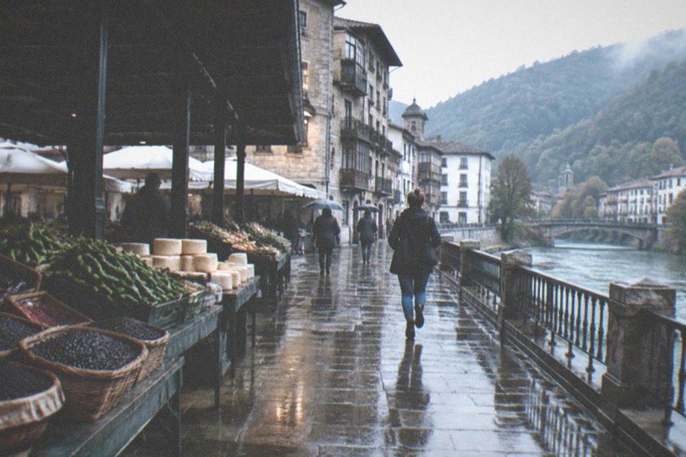 Rain falling on a green Basque valley with a river running between wooded hills