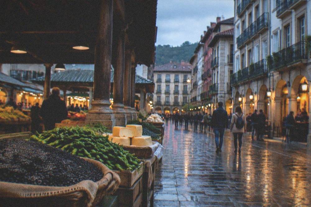 An evening view of a Basque old town with lit bars and people walking under arcade