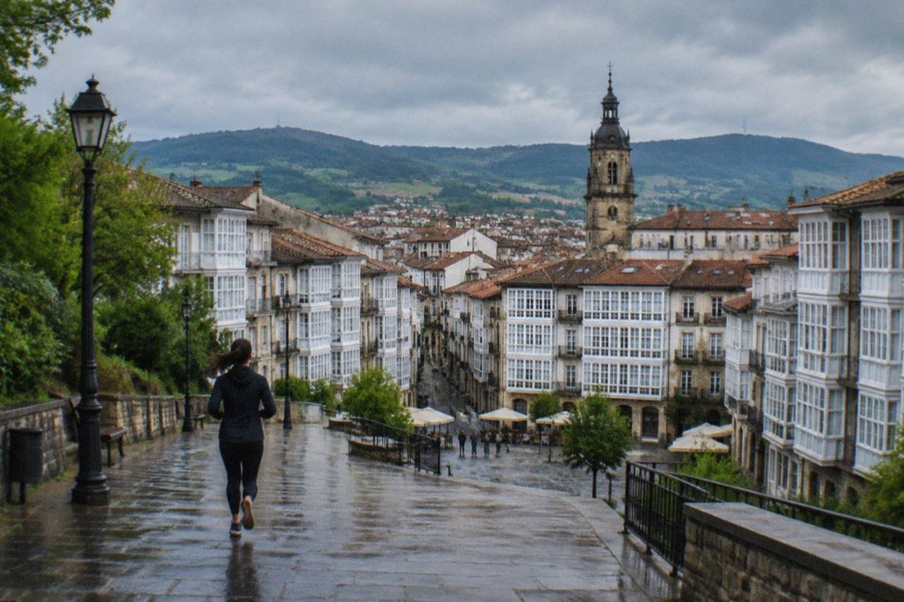 View over the rooftops of Vitoria-Gasteiz old town with hills behind under a cloudy sky