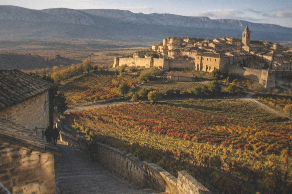 Hilltop walled town of Laguardia in Rioja Alavesa under evening light with vineyards below