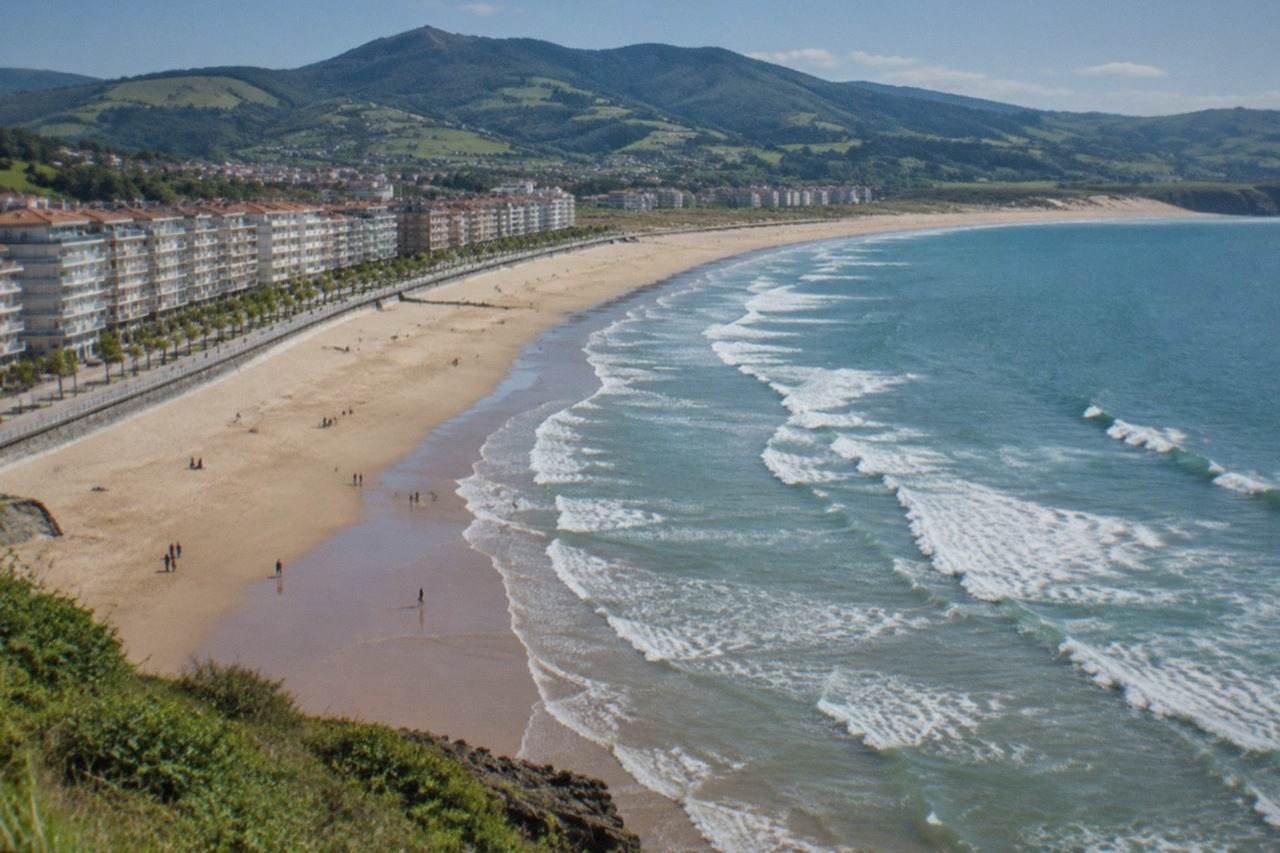 A wide sandy beach stretching along a Basque coastal town under a cloudy sky