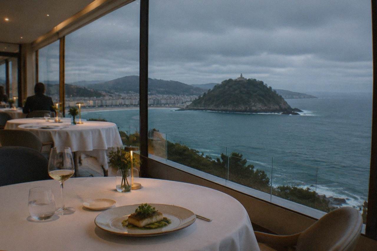 The illuminated dining room of a fine restaurant overlooking a bay at dusk