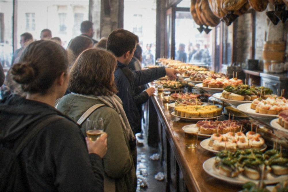 A small group standing at a bar counter with a guide pointing at a tray of pintxos