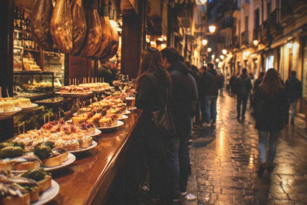 Night-time street in the Old Town with bar lights and people standing outside a pintxo bar