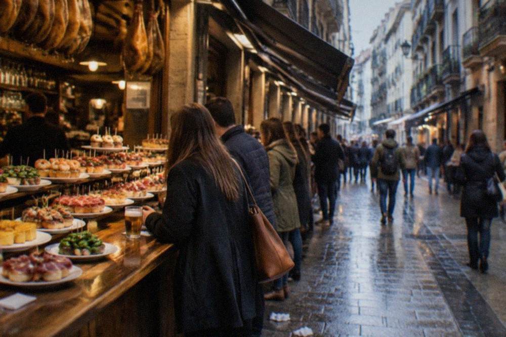 Narrow Old Town street in San Sebastián with pintxo bar awnings and people walking in the evening