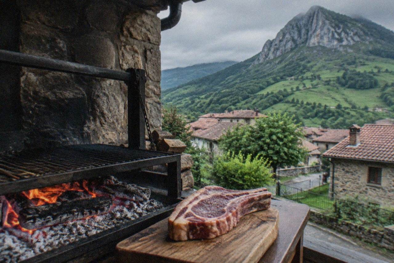 A stone mountain village with green slopes rising behind it on a cloudy day in the Basque Country