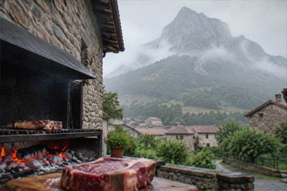 Misty green mountains above a valley village under a grey Atlantic sky