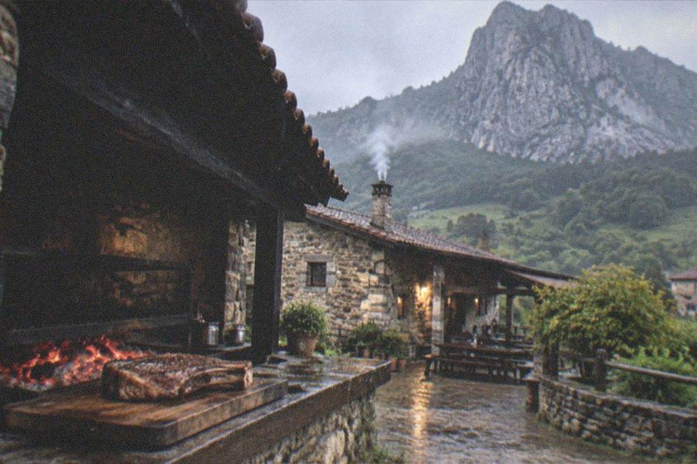 A rural stone restaurant building with a smoking chimney in a green valley