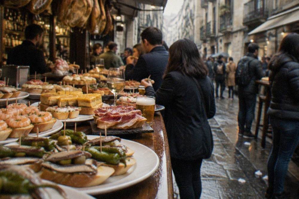 A crowded old town street with pintxo bars and people eating at counters