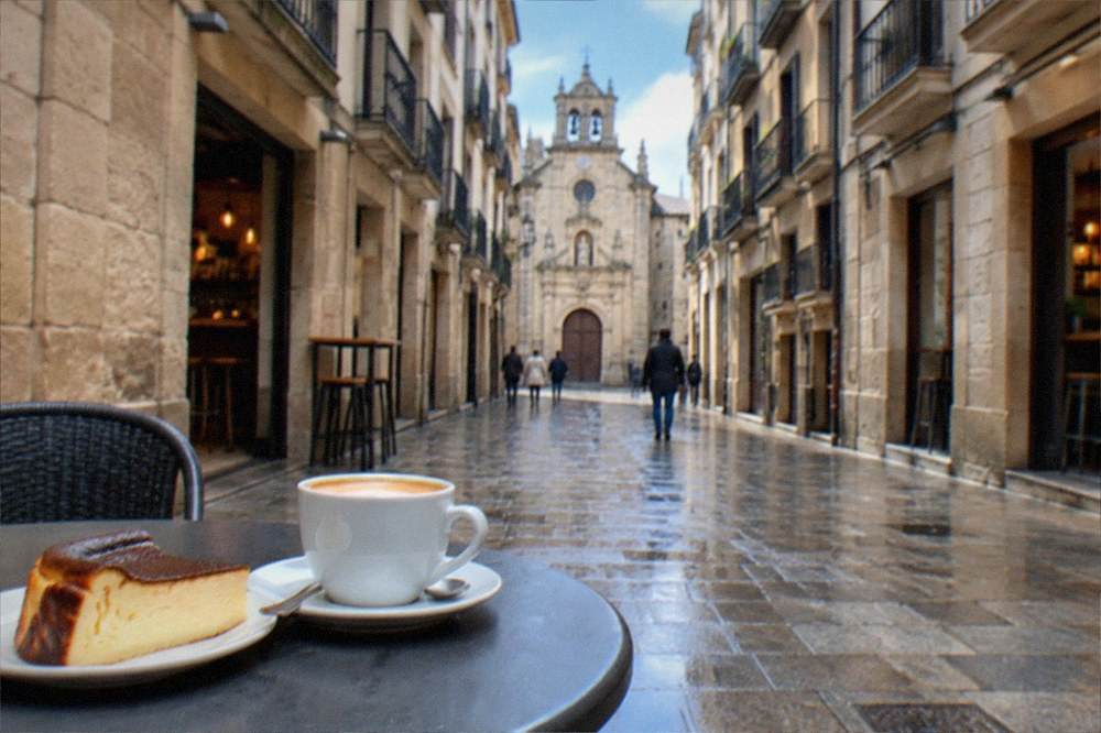 A slice of burnt Basque cheesecake on a small plate beside a coffee cup