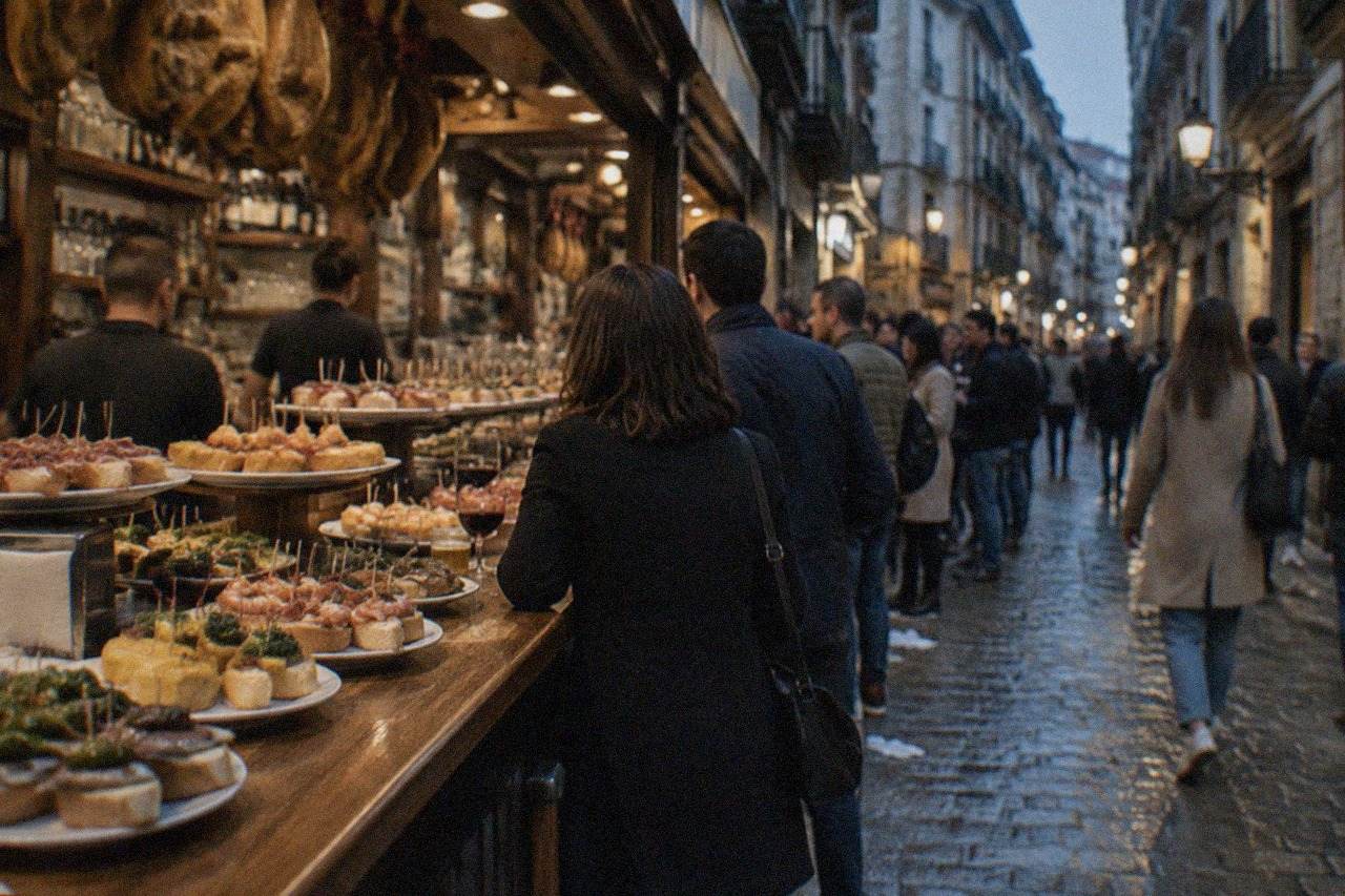 Evening crowds standing outside pintxo bars in the narrow streets of the San Sebastián Old Town