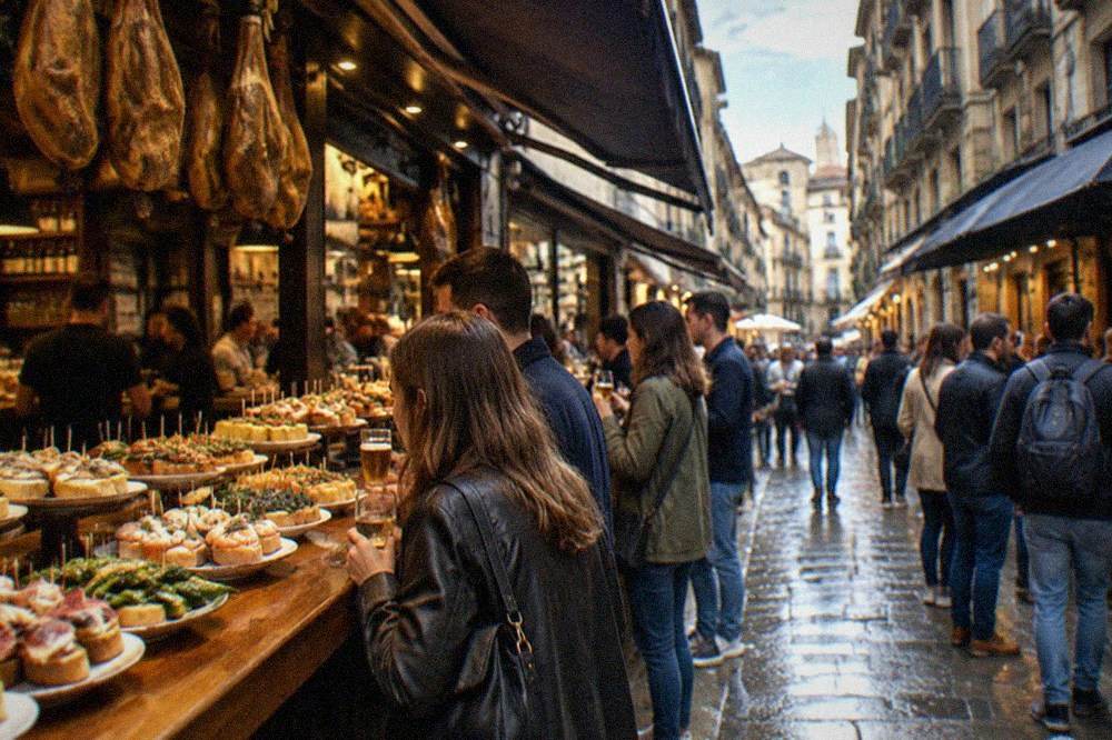 A busy narrow street in the Old Town with pintxo bar awnings and standing drinkers