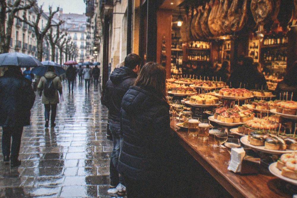 A winter evening outside a warm lit pintxo bar in the Old Town