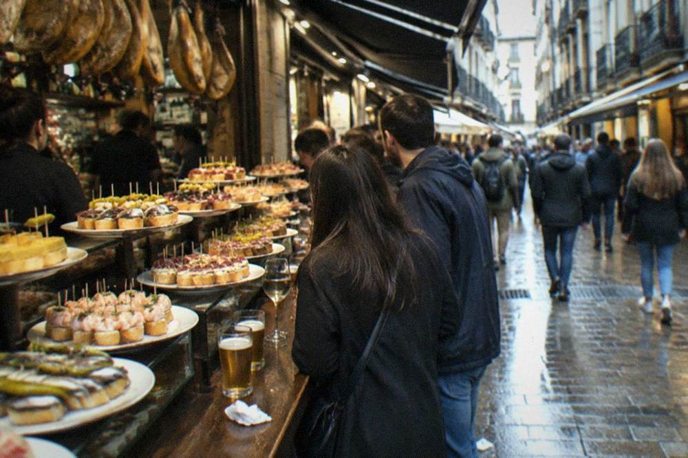Narrow Old Town street in San Sebastián with pintxo bar awnings and people walking in the evening