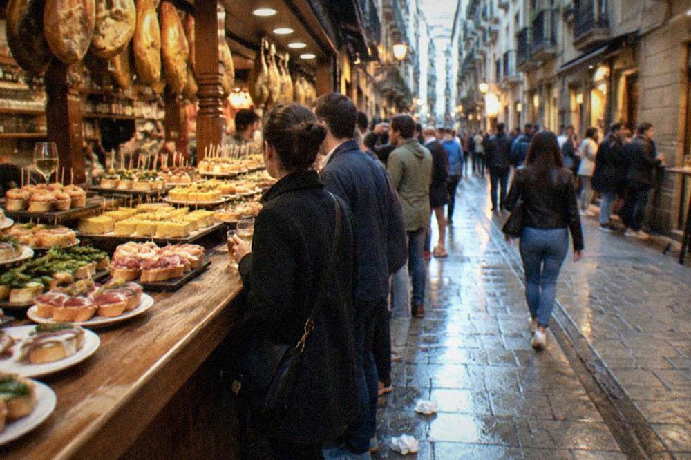An evening street in the Old Town of San Sebastián with people standing outside lit pintxo bars