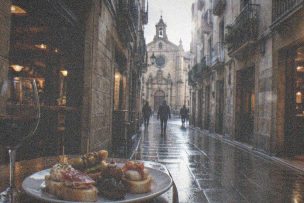 A plate of assorted hot and cold pintxos with a glass of red wine on a bar table