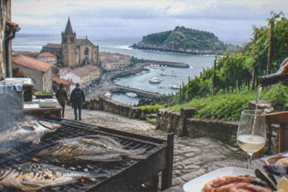 A glass of txakoli being poured from a height beside a plate of seafood in San Sebastián